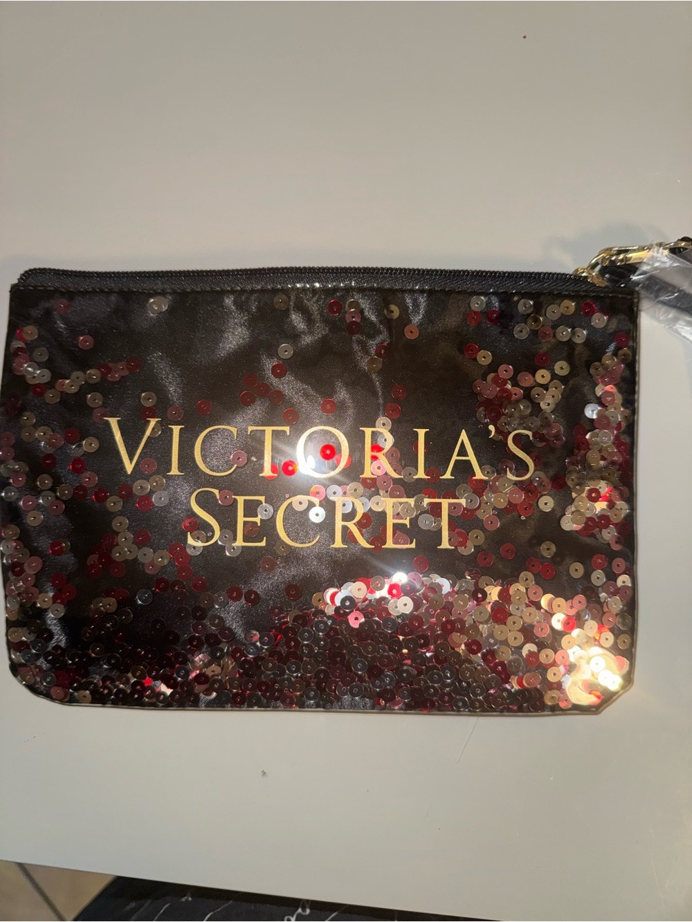 Victoria's Secret Black Sequin Cosmetic Pouch with Gold Logo